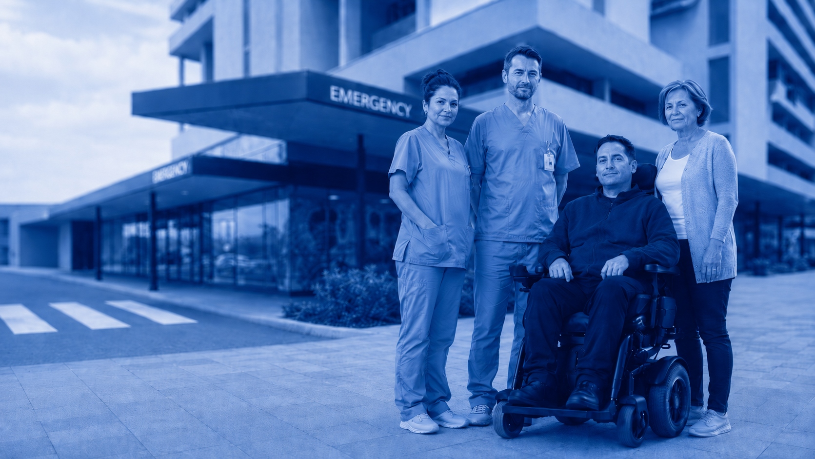 Two nurses, a man using a power wheelchair and an older woman carer standing together outside a hospital emergency entrance